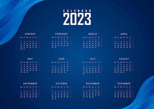 Modern 2023 calendar vector design with abstract blue wave