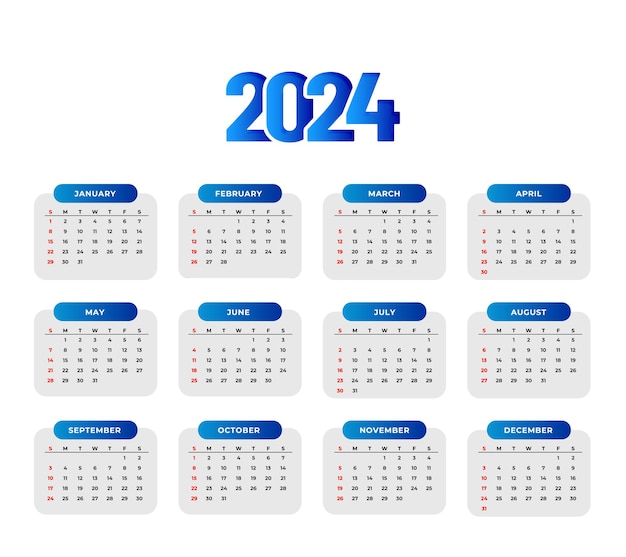 Вектор Современный новый год 2024 год ежегодный календарь шаблон плана ежегодные цели вектор