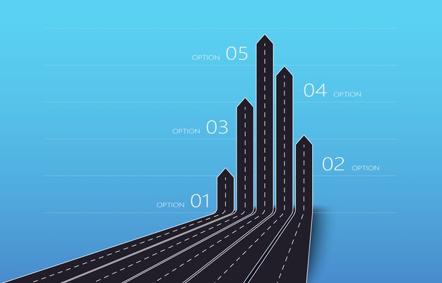 Mappa di strade moderne freccia 3d di affari e viaggio infografica con cinque opzioni