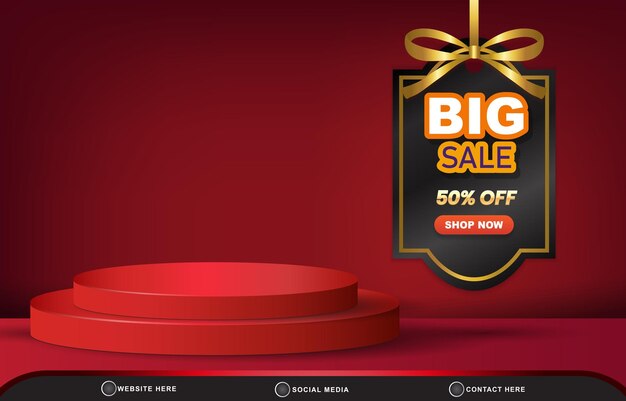 Modern 3d big sale discount sale template banner with blank space 3d podium for product sale with abstract gradient red background design