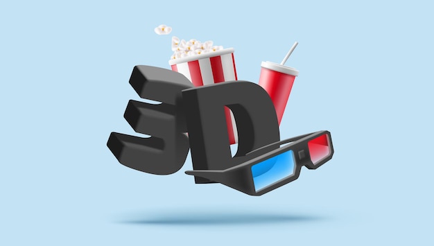 Современная 3d композиция из попкорнового напитка 3d очки для просмотра превью фильма динамичный стильный