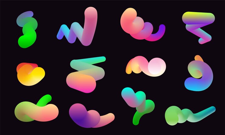 Modern 3d shapes collection isolated on black background Fluid gradient blend vector
