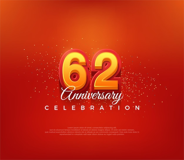 Modern 62nd number design for anniversary celebration in bold red color premium vector background for greeting and celebration