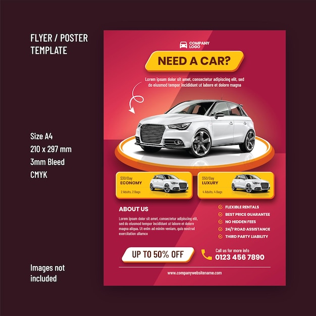 Modern a4 car rental promotion vector flyer print ready design template