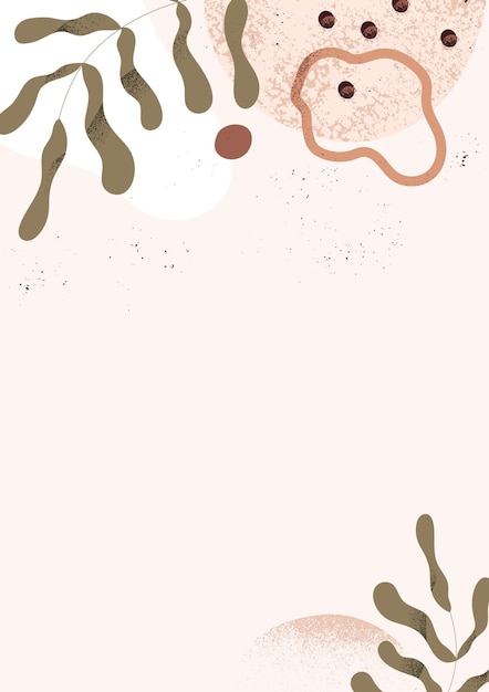 Modern abstract background with leaf and organic geometric shapes. Trendy card design with floral frame from creative element, blob and dot. Fashion vertical banner. Colored flat vector illustration