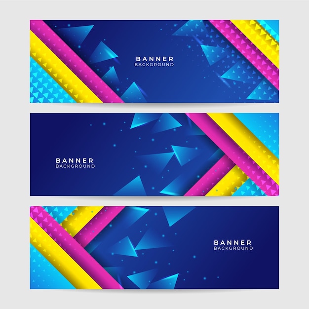 Modern abstract blue yellow pink wide web banner background with 3d triangles. vector abstract graphic design banner pattern background template.