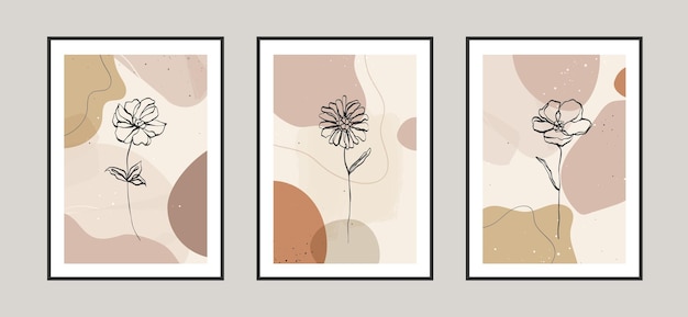 Modern abstract flowers line art background with different shapes for wall decoration postcard