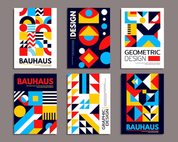 Modern abstract geometric bauhaus posters Background patterns set with vector minimal graphic collage Retro bauhaus patterns of simple geometry shapes with color circles squares triangles lines