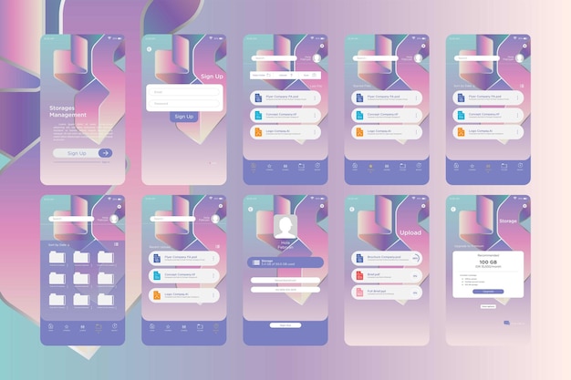 Modern abstract holographic colorful storage management app ui kit template