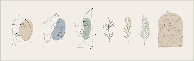 Modern abstract line minimalistic women faces arts set with different shapes