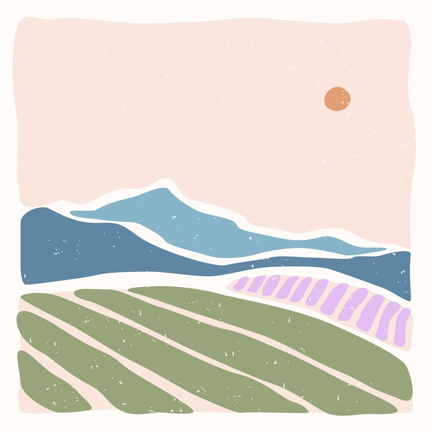 Vettore poster di paesaggio minimalista astratto moderno provenza francia campi sole e montagne colori pastello stampi boho di metà secolo disegno piatto illustrazione vettoriale stock