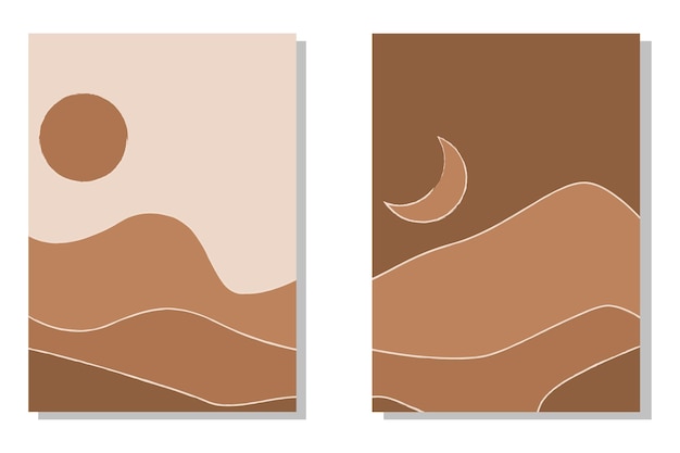 現代の抽象的なミニマリストの風景ポスター 砂漠の太陽と月 昼と夜のシーン パステルカラーのアーストーン 自由奔放に生きるミッドセンチュリープリント フラットデザイン