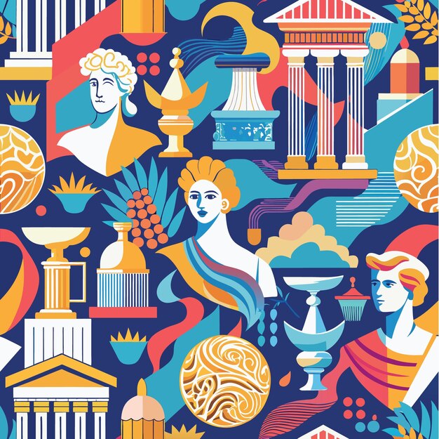 modern abstract seamless pattern with ancient sculptures continuous line concept