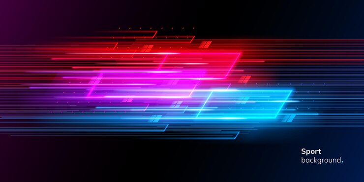 現代の抽象的なスポーツの背景。スピード感のあるトレンディな幾何学的なネオンコラージュ。ナイトレースの広告。スポーツイベント用のダイナミックなカバーまたはカラフルなレイアウト。モーションのバナーまたはポスター