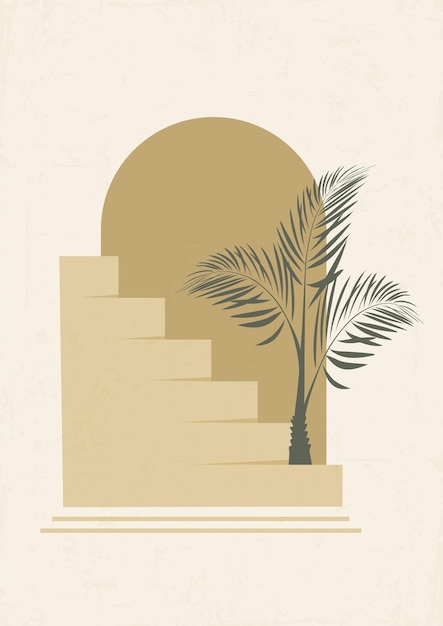 Modern abstract stairs and palm illustration Bohemian style wall decor