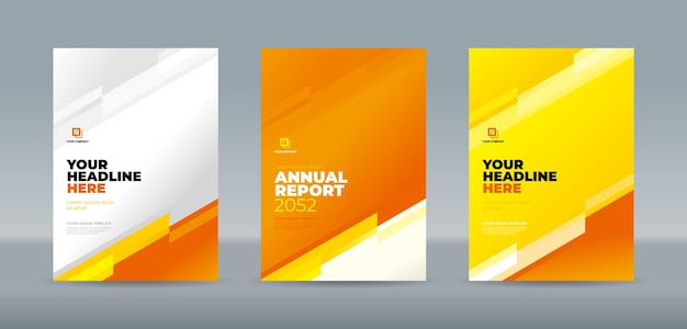 年次報告書の黄色オレンジ色の白い背景の表紙のテンプレートにモダンな抽象的な透明なガラス