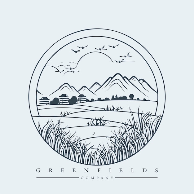野原と山の現代抽象的なベクトルのロゴのテンプレート