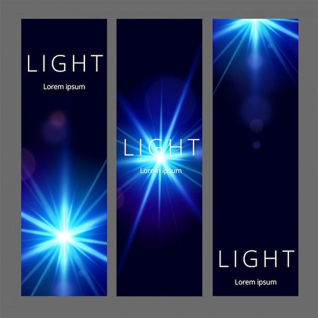 Modern abstract vertical banners set. Realistic light flare. Futuristic design.