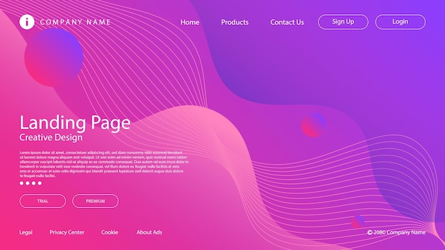 Vector modern abstract website landing page background fluid liquid wave lines and purple pink gradient