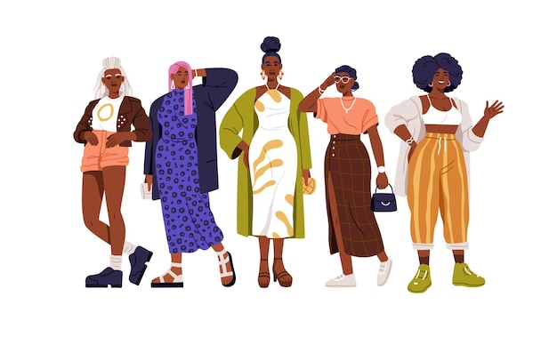 현대 아프리카계 미국인 여성 그룹. 패션 의류, 세련된 의상을 입은 행복한 젊은 흑인 소녀들. 함께 서 있는 여성 캐릭터, 초상화. 흰색 배경에 고립 된 평면 벡터 일러스트 레이 션