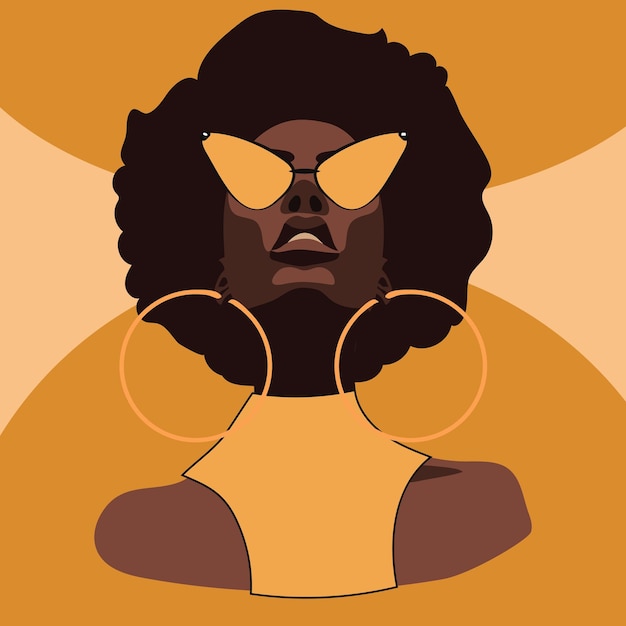 레트로 노란 안경과 보석을 입은 현대적인 아프리카 여성, 곱슬머리 아프리카계 미국 여성의 모습