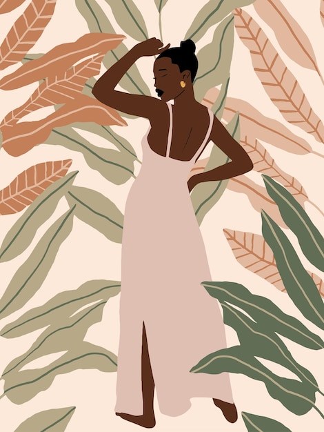 Vector modern afroamerican woman portrait in minimal boho style botanical feminine poster