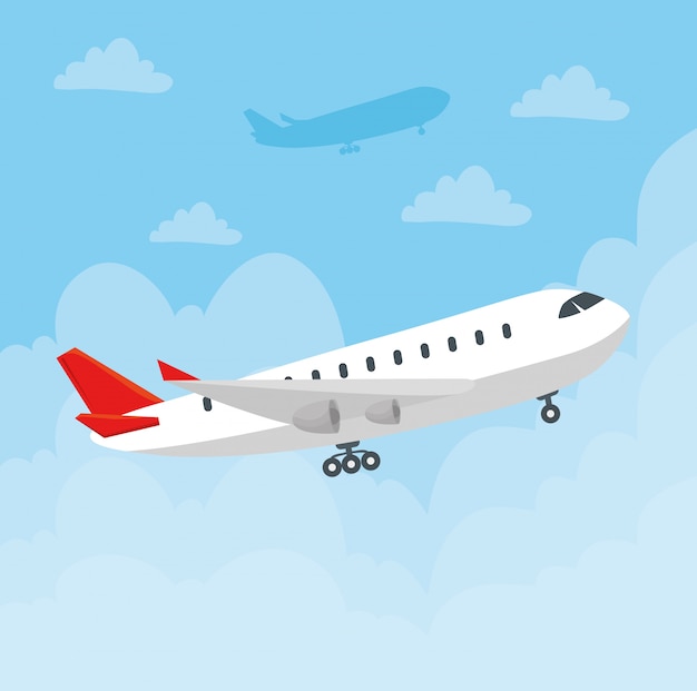 Vector modern airliner flying, large commercial passenger aircraft in the sky vector illustration design