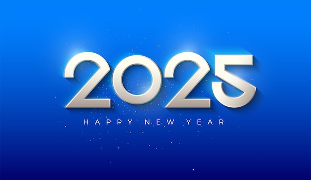 Вектор Современный и 3d-дизайн счастливого нового года 2025 с металлическими белыми цифрами на синем фоне премиум-дизайн для приветствий, баннеров, плакатов, календаря или постов в социальных сетях
