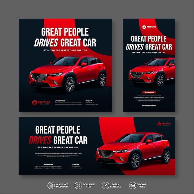 ソーシャルメディアの投稿とストーリーテンプレートベクトル用に設定されたモダンでエレガントな赤いレンタカーと販売バナーのバンドル