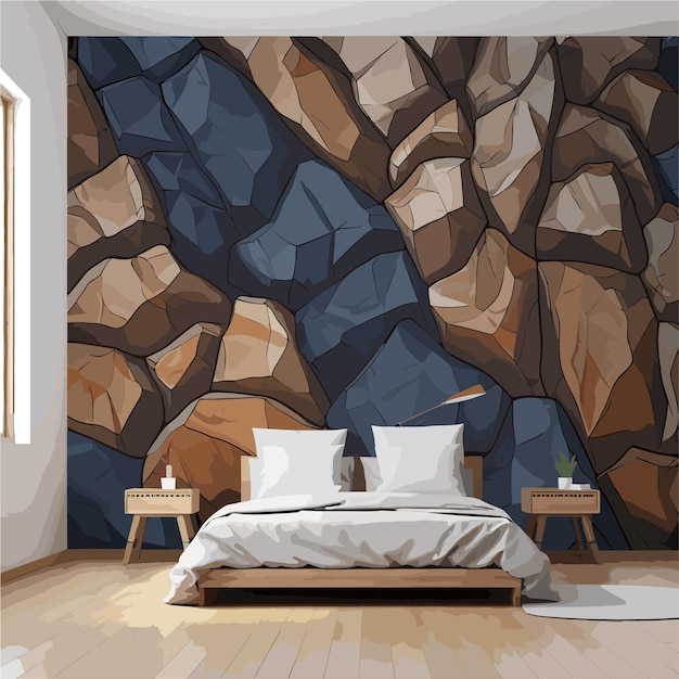 Modern apartment comfortable bedroom wall mural stone game background vector illustration
