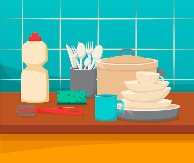 モダンなアパートのインテリア シンクにある清潔なキッチン用品と付属品のセット家のダイニング ルームの秩序と清潔さの快適さの概念ベクトル図