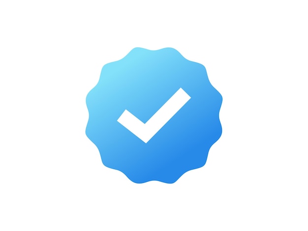 Modern approved icon. white arrow check mark with blue circle shape sparkle star sticker label.