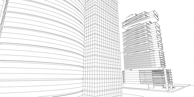 Architettura moderna, architettura wireframe 3d, schizzo architettonico.