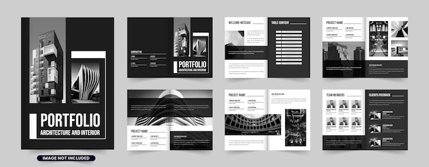 흑백 색상의 현대 건축 포트폴리오 및 잡지 템플릿 마케팅을 위한 건축가 프로필 레이아웃 디자인 사진 자리 표시자가 있는 건축 사업 홍보 책자