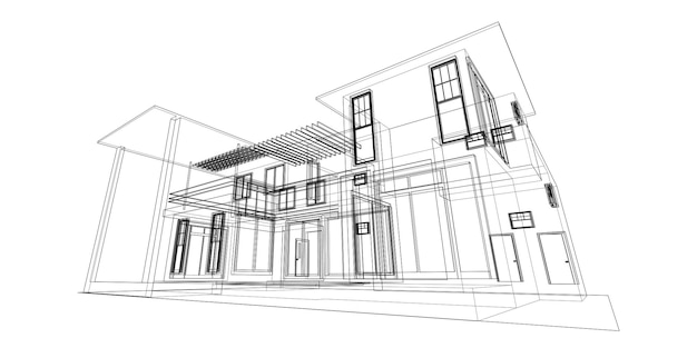 Vettore wireframe di architettura moderna, sfondo architettonico astratto, illustrazione 3d