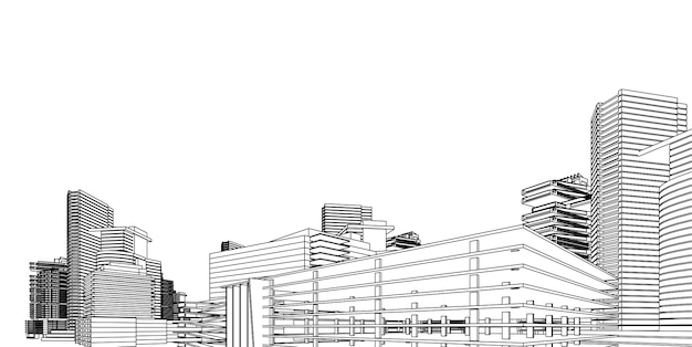 Modern architecture wireframe. Concept of urban wireframe. Wireframe building 3D illustration of architecture