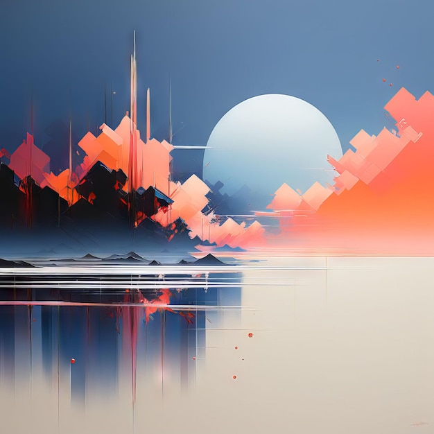 Vector modern art of abstract illustration with futuristic shapes and reflection in water modern art o