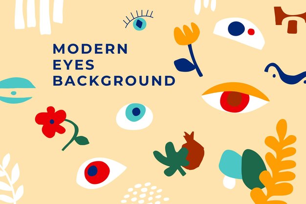 Vector modern art background with abstract eyes, floral, geo shapes. gorizontal poster simple shapes matisse inspired. geometric doodle, flowers, fruits. hand drawn eyes in bright colors. vector illustration