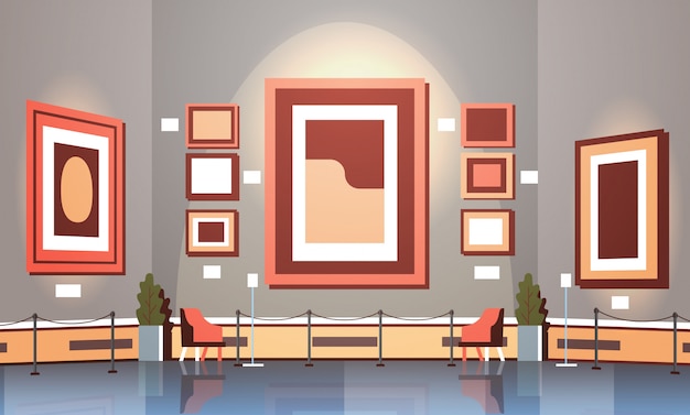 Modern art gallery in museum interior creative contemporary paintings artworks or exhibits flat horizontal