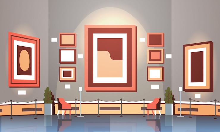 Vector modern art gallery in museum interior creative contemporary paintings artworks or exhibits flat horizontal