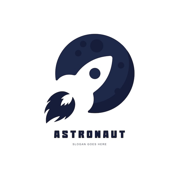 Design moderno del logo dell'astronauta, grafica vettoriale del razzo e della luna