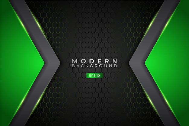 Modern Background Realistic Technology Overlapped Arrow Glowing Green Metallic with Hexagon Pattern