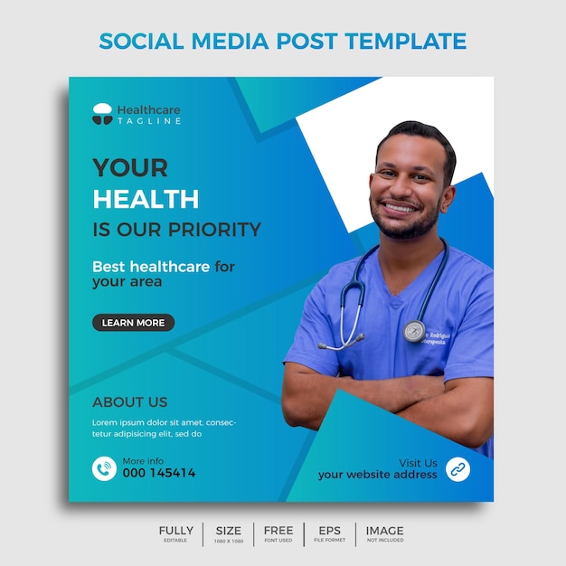 Modern banner design with blue color decoration and place for the photo Medical social media post