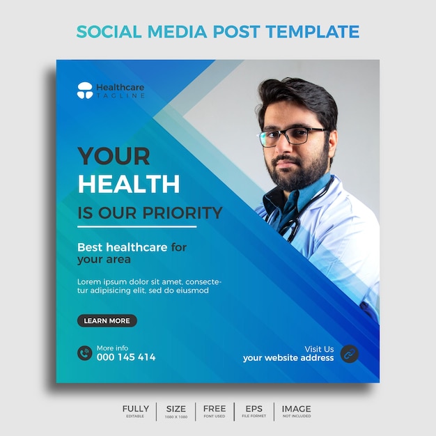 Современный дизайн баннера с оформлением в синем цвете и местом для фото Медицинский пост в социальных сетях