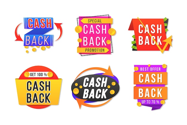 Banner design moderno con una serie di cashback. distintivi di rimborso in denaro