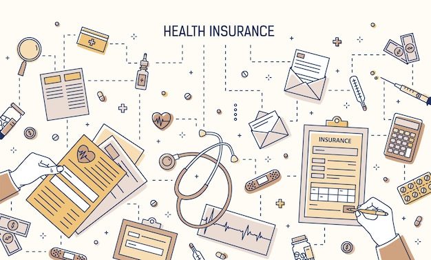 Vector modern banner with hands filling out health insurance form and calculating healthcare expenses surrounded by pills, medical tools, documents, money bills, coins. vector illustration in line art style.