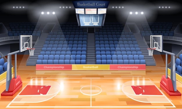 Vector modern basketball court interior with spotlights scoreboard and empty seats cartoon vector illustration