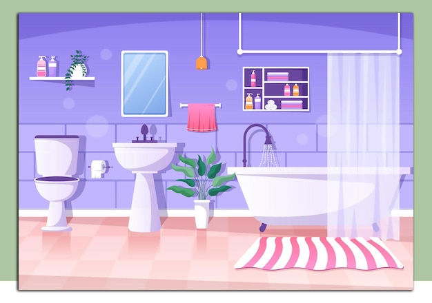 Vector modern bathroom furniture interior background illustration with bathtub faucet toilet sink to shower and clean up in flat color style