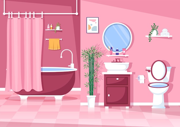シャワーとクリーンアップのためのバスタブ付きのモダンなバスルーム家具のインテリア背景イラスト
