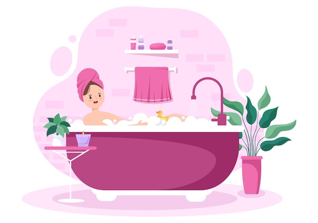 Modern Bathroom Furniture Interior Background Illustration with girl taking a bath in the bathtub
